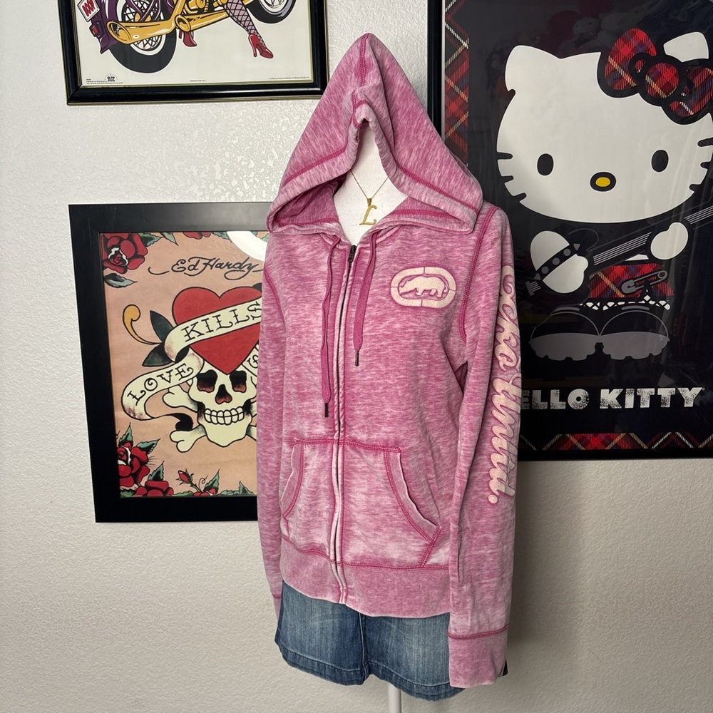 Ecko Pink Graphic Zip Up Hoodie Y2K Streetwear Cozy Fall